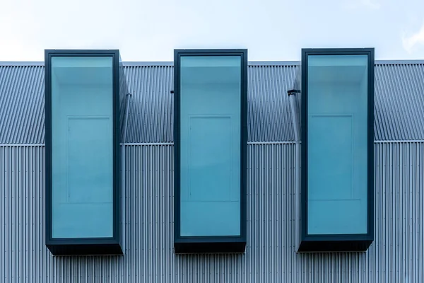 Fragment Modern Building Facade Three Windows Row Metal Sheet Facade — Stock Photo, Image