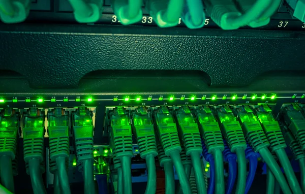 Karanlıkta parlayan geçiş yapmak için bağlı yeşil ağ kablolarının yakın çekim 
