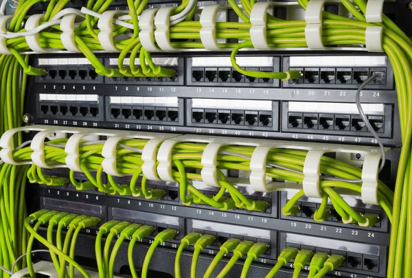 Lignes de câbles réseau connectés au routeur et au concentrateur de commutation — Photo