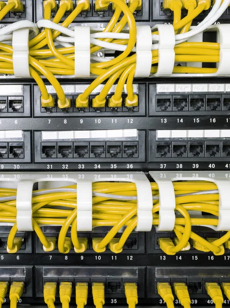 Nahaufnahme von gelben Netzwerkkabeln, die mit einem Switch verbunden sind — Stockfoto