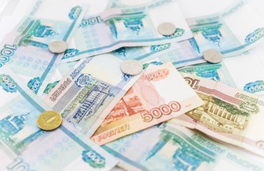 Rus parası arka plan. Rublesi banknot ve madeni paraların farklı mezheplerin