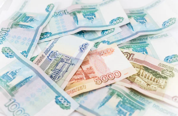 Rus parası arka plan. Farklı mezheplerin Rublesi banknotlar