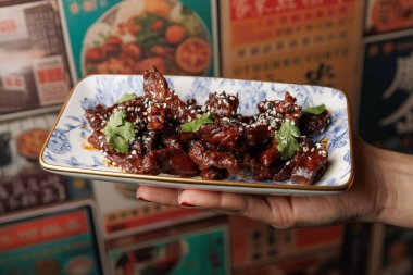 Bir el susam tohumları ve yeşil otlarla süslenmiş bir tabak lezzetli eti farklı mutfaklardan gelen renkli menülerin önünde tutuyor..