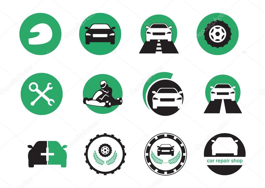 Set of car icons on white background. Car repair logo design. Icons for drivers. Colored car icons. Icons for your business in car traffic, car repair shop, garage
