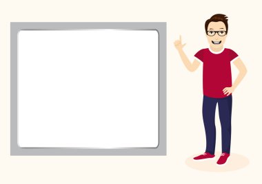 Gülümseyen genç adam beyaz tahta vektörüyle ayakta duruyor ve işaret ediyor