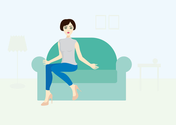 Женщина сидит на векторе дивана
