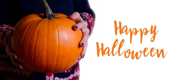 Auguri Halloween Con Immagini Stock Zucca Arancione Mani Che Tengono — Foto Stock