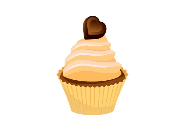 香草蛋糕与巧克力心形图标向量 带有香草奶油图标的蛋糕在白色背景上被分离出来 美味的香草蛋糕病媒 — 图库矢量图片