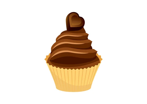 巧克力杯蛋糕与巧克力心脏图标向量 带有巧克力奶油图标的蛋糕在白色背景上被分离出来 美味巧克力杯蛋糕病媒 — 图库矢量图片