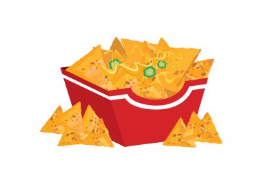 Kutu ikon vektöründe Meksika cipsi. Peynirli ve biberli Meksika nachos mısır tortilla. Beyaz arkaplanda izole edilmiş bir kutu simgesindeki nacho çipleri