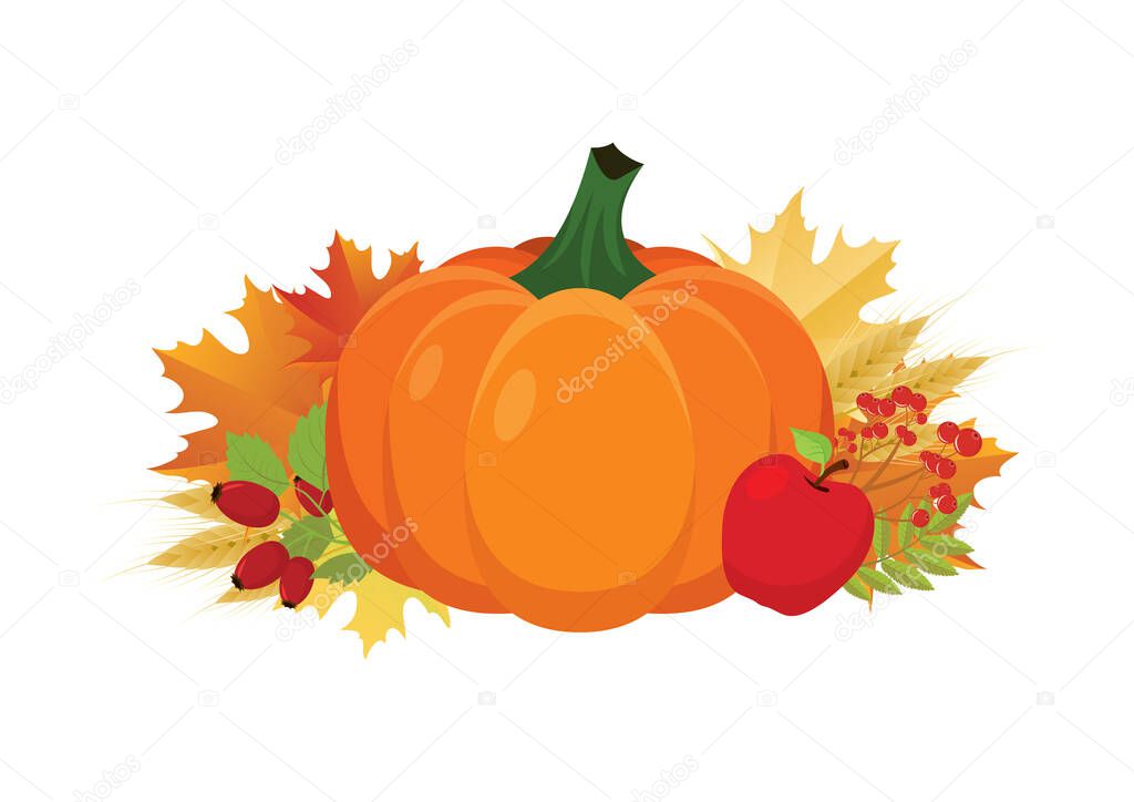 Beautiful orange whole pumpkin with autumn harvest decoration icon vector. Thanksgiving autumn harvest decoration icon isolated on a white background. Autumn decor clip art. Harvest festival icon vector