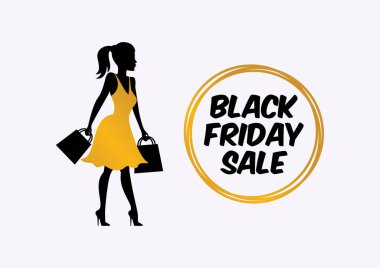 Silüet alışverişi yapan kız ikon vektörüyle Kara Cuma indirimi. Siluet kadın alışveriş torbası taşıyıcısı. Altın elbise vektörlü alışveriş kızı. Kara Cuma ikonu vektör kümesi. Altın siyah satış etiketi