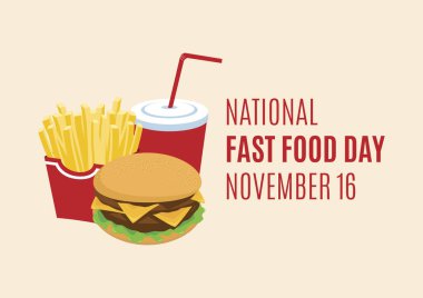 Ulusal Fast Food Günü vektörü. Hamburger, patates kızartması ve içecek vektörü. Fast Food ikon vektörü. Amerikan yiyecek ve içecek tatili. Fast Food Day Posteri, 16 Kasım