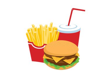 Hamburger, patates kızartması ve fast food ikonu seti vektörü. Fast Food simgesi beyaz arka planda izole edildi. Abur cubur yığını