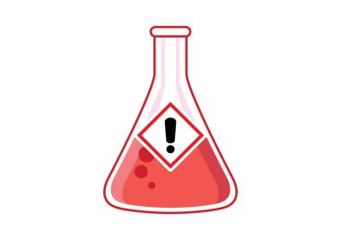 Zehirli sıvı ve tehlike sembolü ikon vektörlü laboratuvar kimyasal deney şişesi. Ünlem simgesi olan tehlikeli bir sembol. Kırmızı zehirli klipsli cam kap.