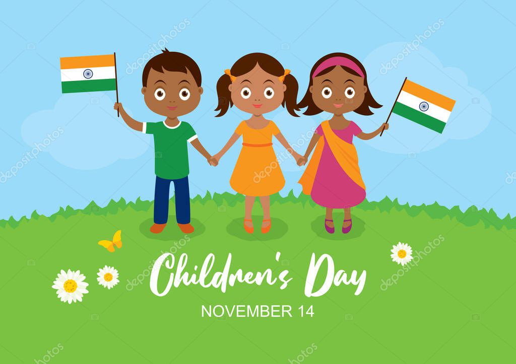 Children's Day in India vector. Indian children with indian flag vector. Cute little boy and