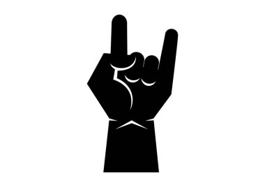 Siyah siluet simge vektörünün boynuzları. Metal el hareketi siyah ikon vektörü. Metal el hareketi siyah siluet vektörü. Beyaz arkaplanda kaya el simgesi izole
