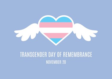Transseksüel Anma Günü vektörü. Kalp şeklinde bir transseksüel bayrağı. Kanat ikonlu kalp şekli. Tranfobi taşıyıcısı kurbanları için kalp. Transseksüel Anma Günü Posteri, 20 Kasım. Önemli bir gün.