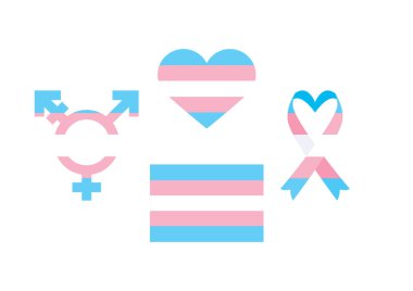 Transgender flag in heart shape, ribbon, gender symbol icon vector. Transgender flag icon set isolated on a white background. Transgender awareness ribbon vector. Transgender flag with colored symbol vector clipart