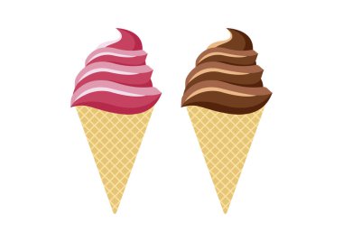 Lezzetli çilek ve çikolatalı dondurma külahları vektörü. Çilekli dondurma külahı vektörü. Çikolatalı dondurma külahı vektörü. Taze pembe ve kahverengi dondurma simgesi beyaz arkaplanda izole edilmiş.
