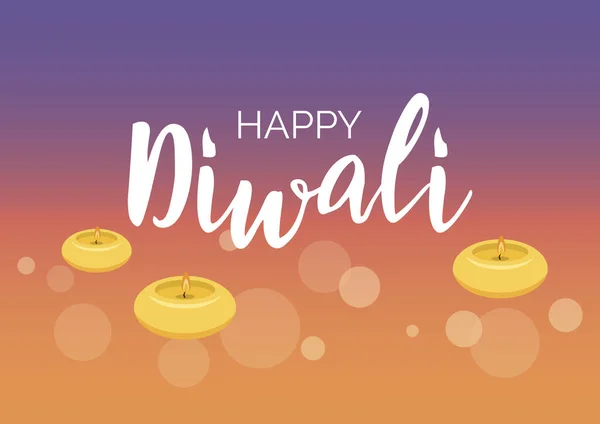 Happy Diwali Poster Mit Kerzen Auf Lila Orangefarbenem Hintergrund Religiöses — Stockvektor