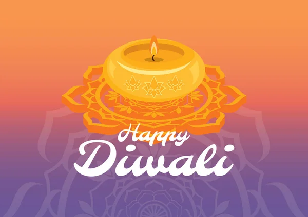 Happy Diwali Poster Mit Kerze Und Mandala Auf Lila Orangefarbenem — Stockvektor