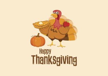 Mutlu Şükran Günü posteri, neşeli hindi kuşu ve balkabağı turtası vektörü. Tatlı turta vektörlü şirin hindi kuşu. Şükran Günü hindisi, balkabağı ve elma çizgi film karakteri.