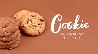 Ulusal Kurabiye Günü imajları. Kahverengi arkaplan resimli kurabiyeler. Tatlı çikolata ve şekerli kurabiye resimleri. Amerikan tatlı bisküvileri fotoğrafı. Kurabiye Günü Posteri, 4 Aralık. Önemli bir gün.