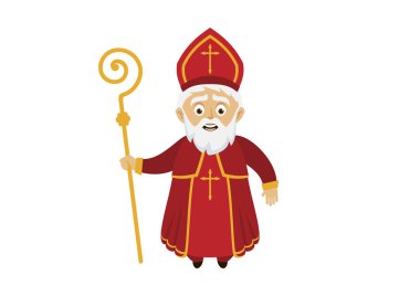 Neşeli Aziz Nicholas ikon vektörü. Koltuk değneği ve beyaz arka planda izole edilmiş kırmızı bornoz ikonu olan Aziz Nicholas.