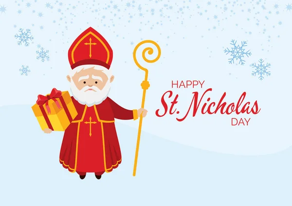 圣尼古拉斯日快乐病媒 圣尼古拉斯节日贺卡载体 圣尼古拉斯与礼品盒病媒 圣尼古拉斯与拐杖和红色长袍在雪景矢量 重要的一天 — 图库矢量图片