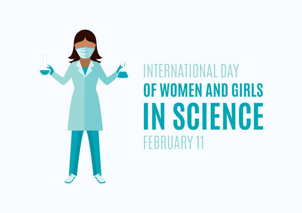 International Day of Women and Girls in Science vector. Female scientist with chemical beaker icon vector. Woman in a lab coat vector. Important day