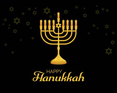 Altın menorah vektör illüstrasyonlu Mutlu Hanuka Posteri. Altın menora ve David vektörünün yıldızı. Yanan mum ikonuyla güzel bir Yahudi şamdanı. Yahudi bayramı bayramı. Önemli bir gün.