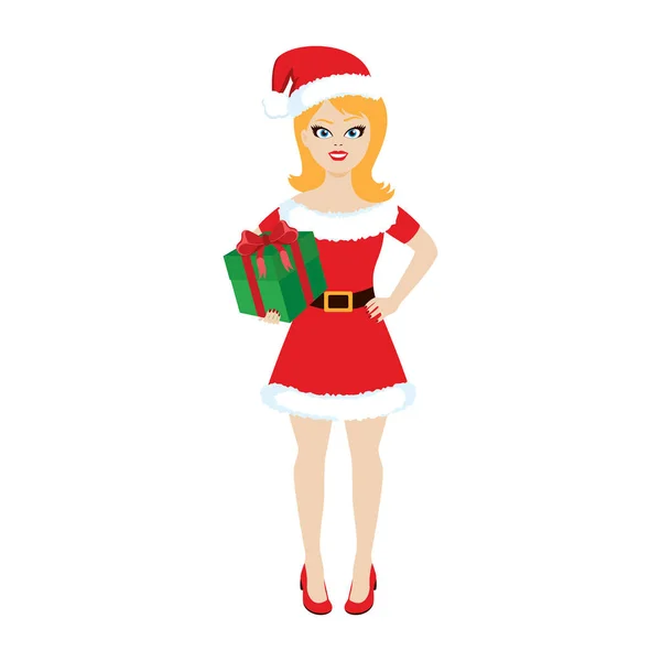 Hermosa Chica Santa Con Vector Icono Regalo Navidad Mujer Joven — Vector de stock