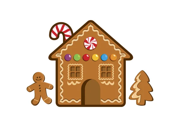 Gingerbread House Com Homem Gengibre Vetor Ícones Árvore Natal Biscoitos —  Vetores de Stock