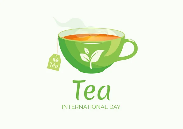 Uluslararası Çay Günü Vektörü Yeşil Kupa Vektörlü Sıcak Çay Kupa — Stok Vektör
