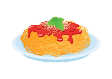 Domates soslu spagetti, parmesan ve fesleğen ikonu vektörü. Beyaz arka planda izole edilmiş domates soslu spagetti, peynir ve fesleğen ikonu. Makarna simgesi vektörü