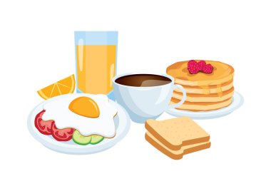 Kahve, yumurta, krep, ekmek ve portakal suyu vektörüyle kahvaltı. Zengin ve çeşitli kahvaltı ikonu vektörü. Kahvaltı besin simgesi beyaz arkaplan vektör illüstrasyonunda izole edildi