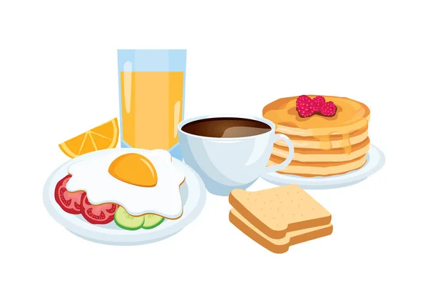 Frühstücksstillleben Mit Kaffee Pfannkuchen Brot Und Orangensaft Reichhaltiges Und Abwechslungsreiches — Stockvektor