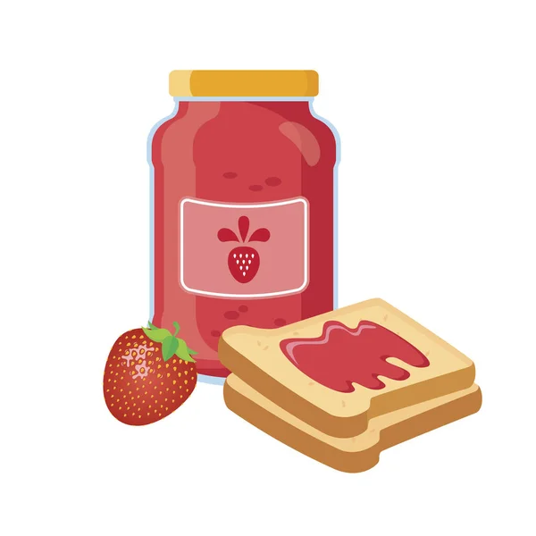 用草莓果酱图标向量烤面包 早餐还带着吐司和草莓果酱 在白色背景上隔离的果酱瓶图标 — 图库矢量图片