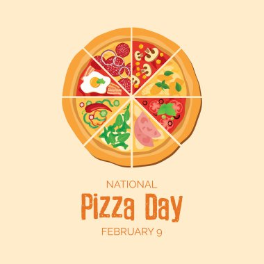 Ulusal Pizza Günü vektörü. Farklı pizza dilimleri vektörleri. Pizza üstten görünüm ikonu seti. Pizza Günü Posteri, 9 Şubat. Önemli bir gün.