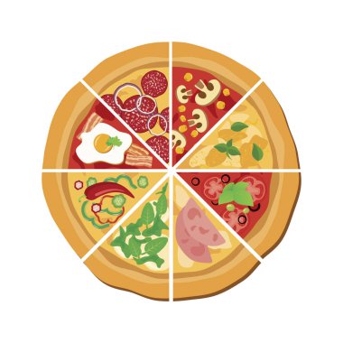 Farklı türde pizza dilimleri ikon vektörü. Pizza üstten görünüm ikonu seti. Beyaz arka planda izole edilmiş pizza varyasyonları simgesi. Pizza vektörünün dilimi