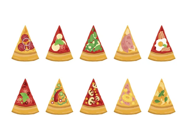 Different Kinds Pizza Slices Top View Icon Vector Pizza Variations — Stock Vector