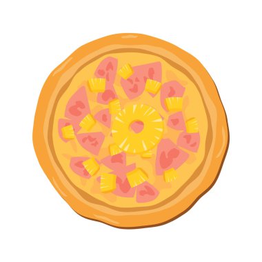 Ananas ve jambon ikon vektörlü Hawaii pizzası. Tüm Hawaii pizza üst görünüm vektörü. Beyaz arka planda izole edilmiş ananas, jambon ve peynir ikonlu pizza