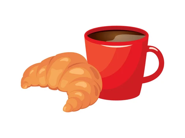 Frisches Buttercroissant Und Kaffee Einem Roten Bechervektor Croissant Und Kaffee — Stockvektor