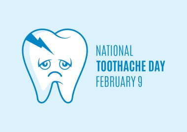Ulusal Diş Ağrısı Günü vektörü. Hüzünlü çürümüş diş çizgi film karakteri. Diş ağrısı ikonu vektörü. Diş Ağrısı Günü Posteri, 9 Şubat. Önemli bir gün.