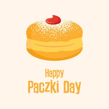 Mutlu Paczki Günü vektörleri. Reçelli ve şekerli geleneksel cips. Pudra şekeri ikon vektörlü yuvarlak jöleli çörek. Önemli bir gün.