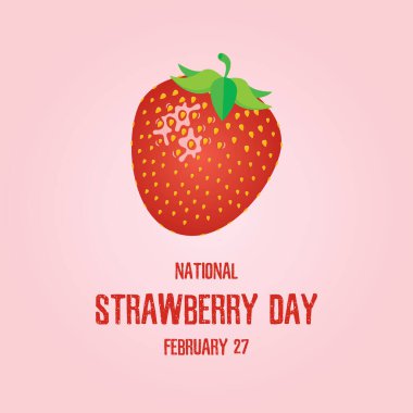 Ulusal Çilek Günü vektörü. Taze sulu çilek ikonu vektörü. Çilek pembe arka planda izole edilmiş. Çilek Günü Posteri, 27 Şubat
