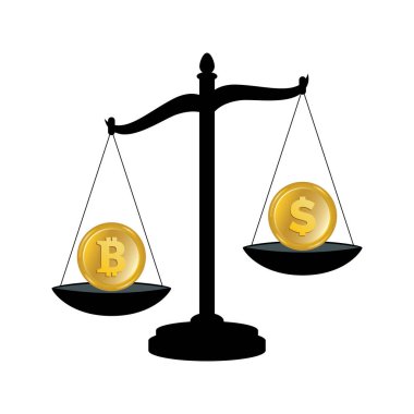 Bitcoin ve dolar ikon vektörü ağırlığında. Bir Bitcoin ve bir dolarlık altın sikke ikonu vektörü. Bitcoin dolar vektörüne karşı