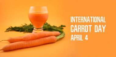 Uluslararası Havuç Günü stok görüntüleri. Turuncu arka planda havuç. Havuç Günü Posteri, 4 Nisan. Önemli bir gün.