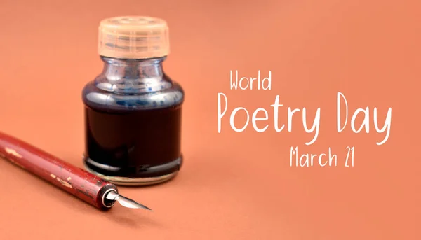 World Poetry Day stock images. Old inkwell with pen images. Ancient ink pen and ink-bottle stock photo. Poetry Day Poster, March 21. Important day